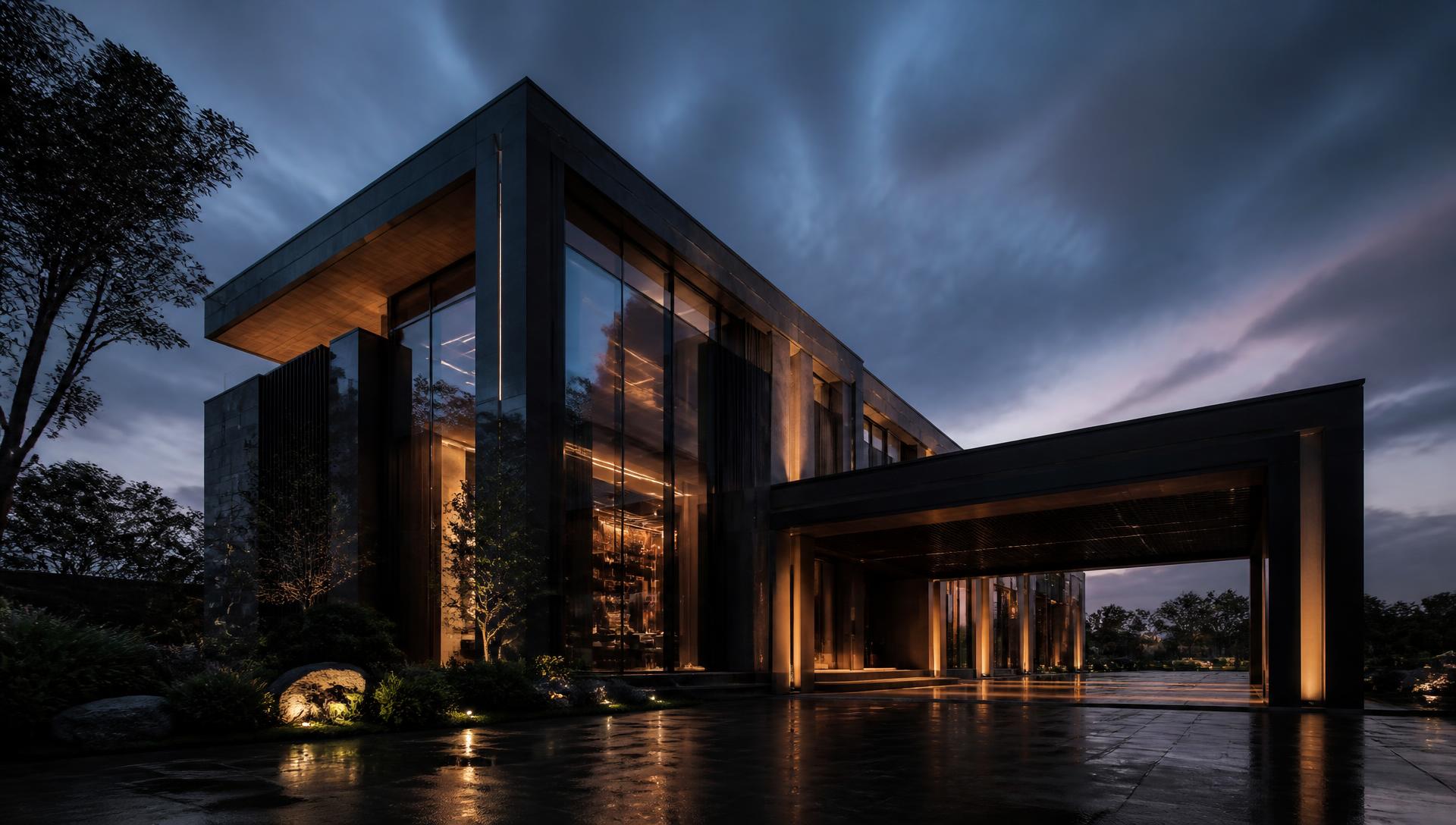 Fachada arquitectónica contemporánea iluminada al atardecer